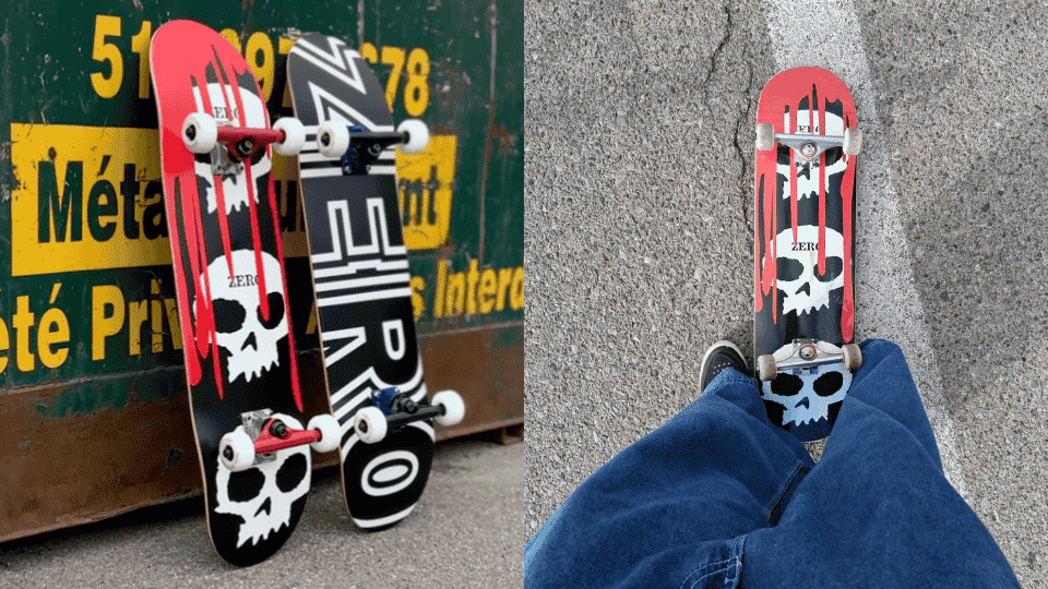 A collection of Zero skateboards showning various designs