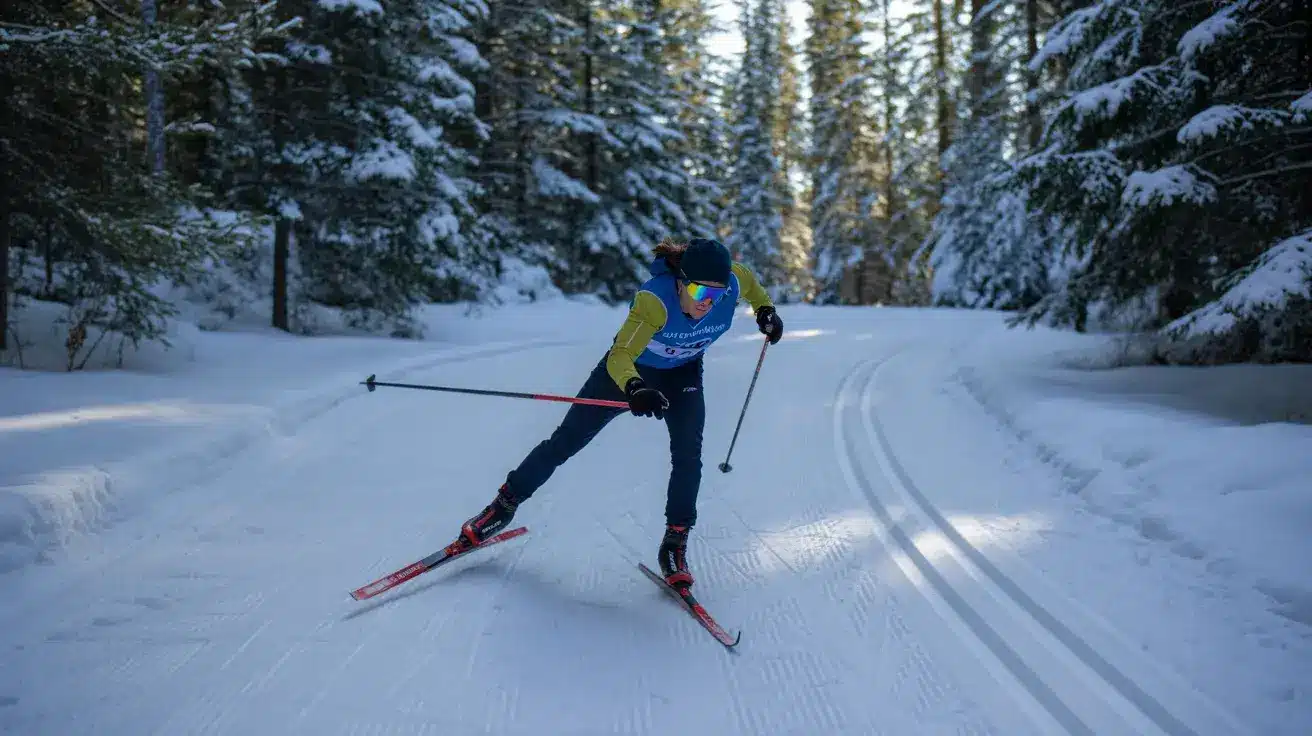 A cross-country skier executing a dynamic movement on a snowy trail, with one ski forward and poles planted for propulsion