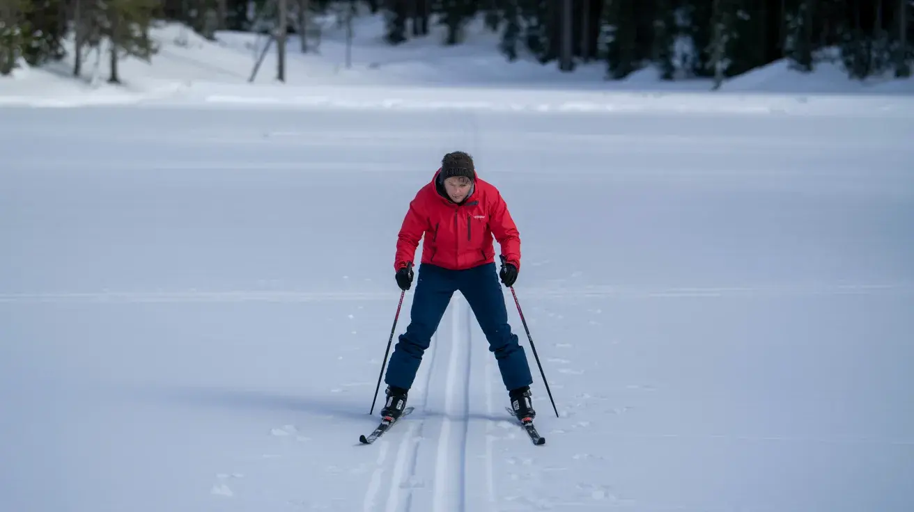A cross-country skier in a red jacket and blue pants, positioned in a balanced stance