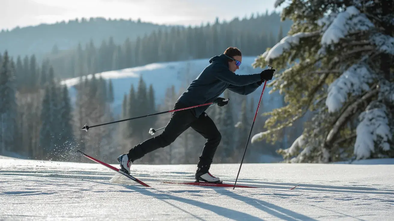 A cross-country skier in motion, pushing off with poles on a snowy trail, with a mountainous winter landscape