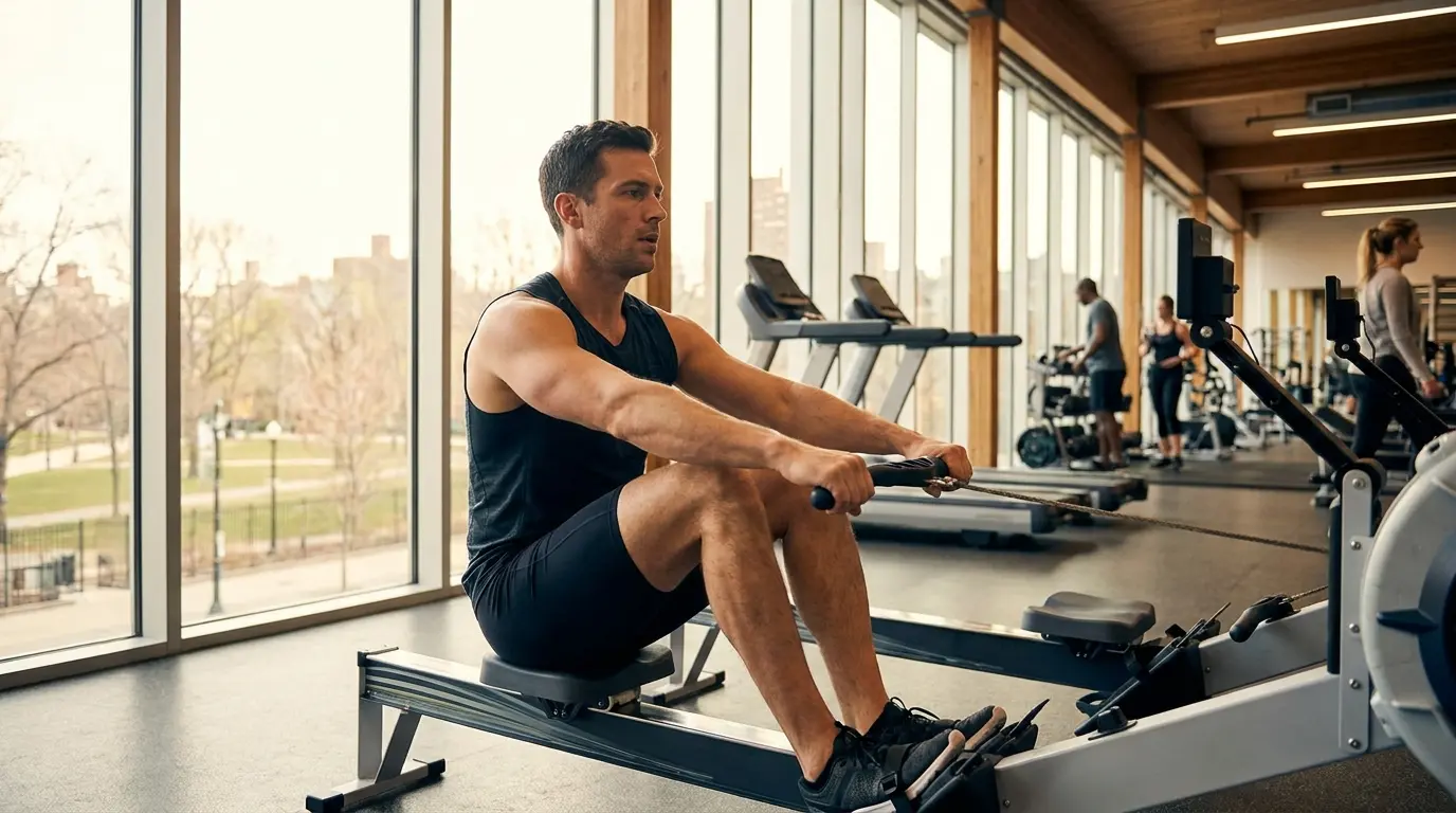 A man practicing proper rowing technique on a rowing machine in a gym