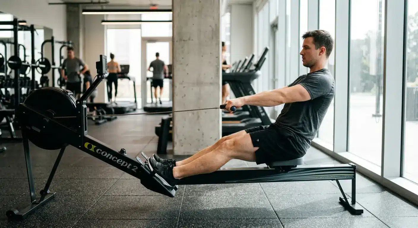A person practicing legs-only rowing drill in a gym, focusing on leg power and proper technique