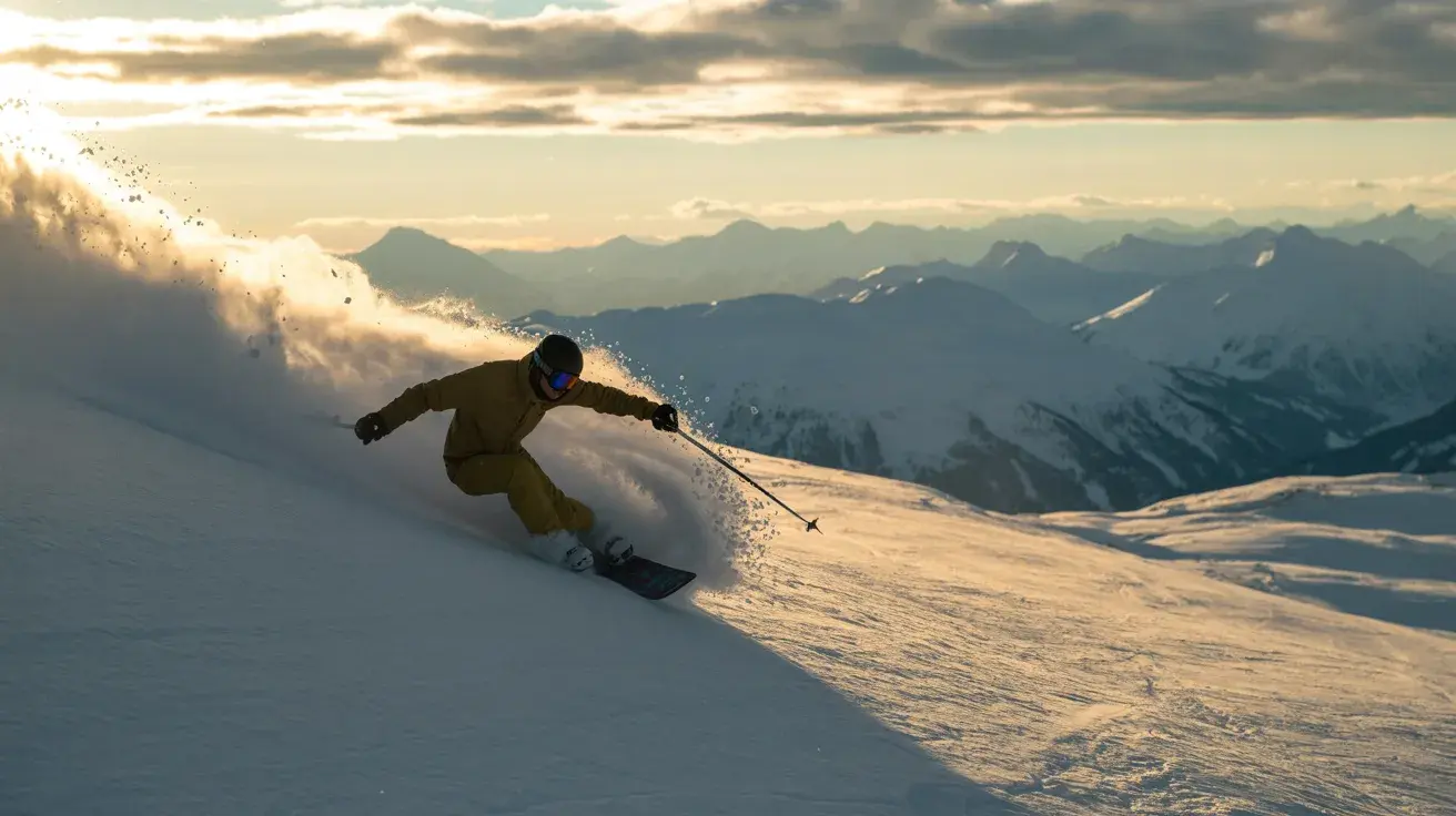 A skier carving down a snowy slope with mountains in the background.