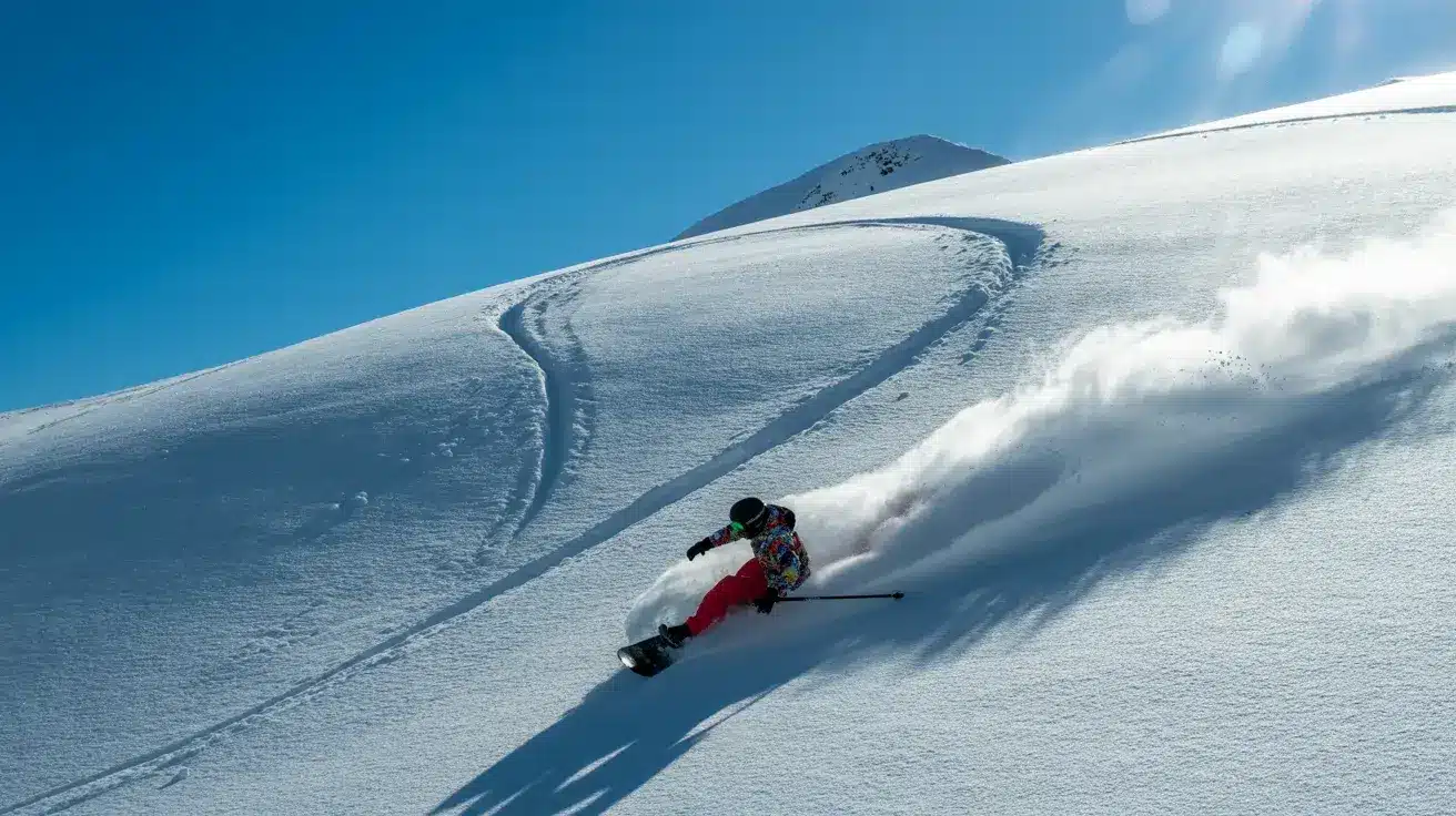 A snowboarder carving precise turns on a steep, groomed slope, showcasing alpine style snowboarding
