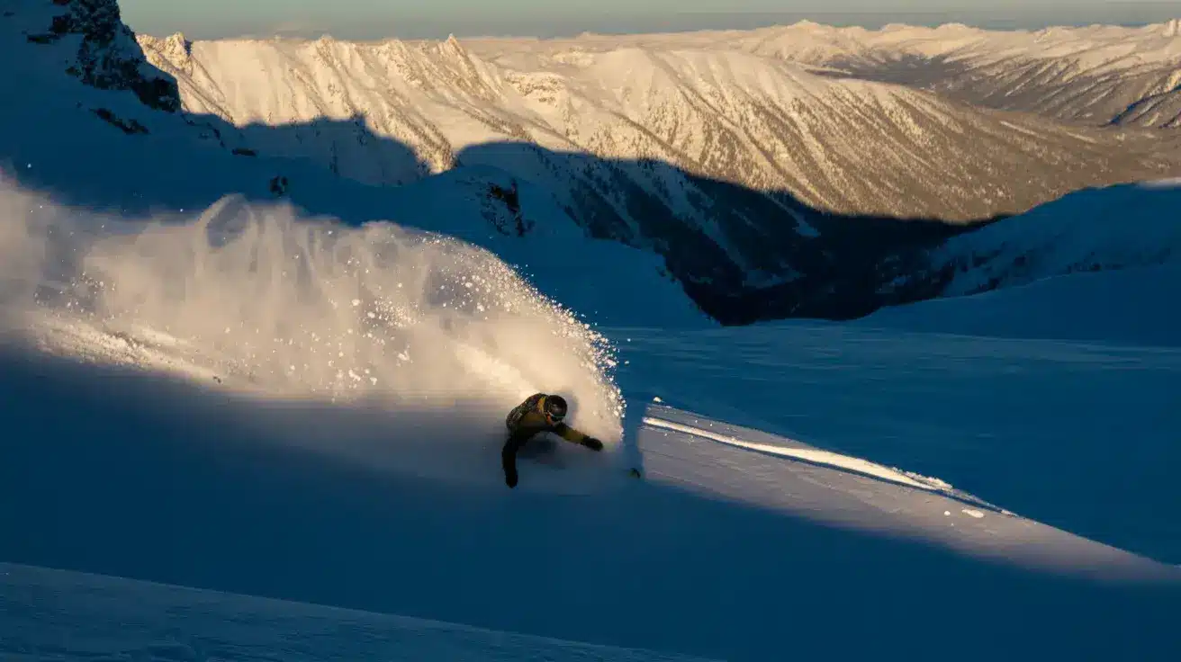 A snowboarder carving through deep powder on a steep, untouched mountain slope, showcasing freeride style
