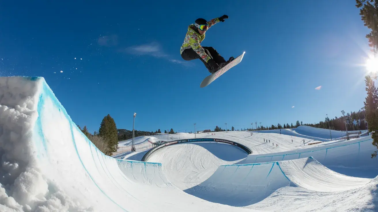 A snowboarder performing an aerial trick in a halfpipe, showcasing freestyle snowboarding in a terrain park