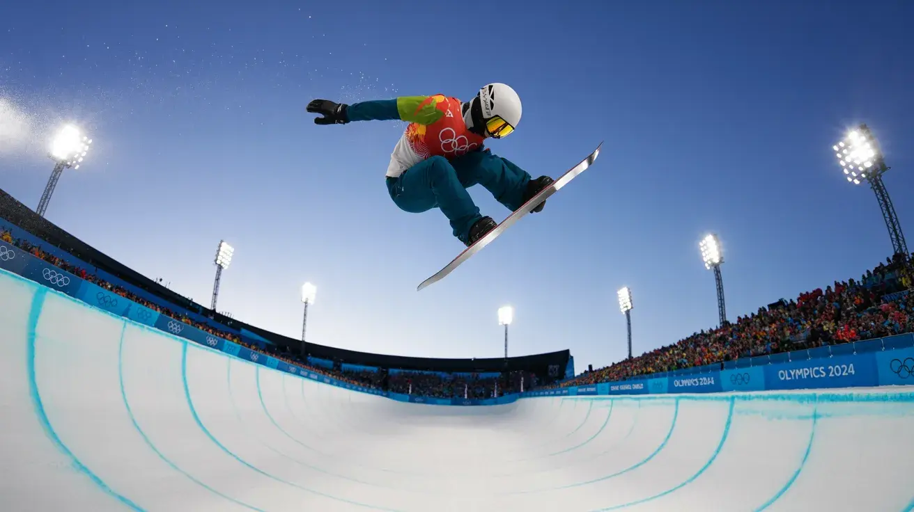 A snowboarder performs a trick in the Olympic halfpipe during the 2024 Winter Olympics, with a packed crowd and bright stadium lights in the background