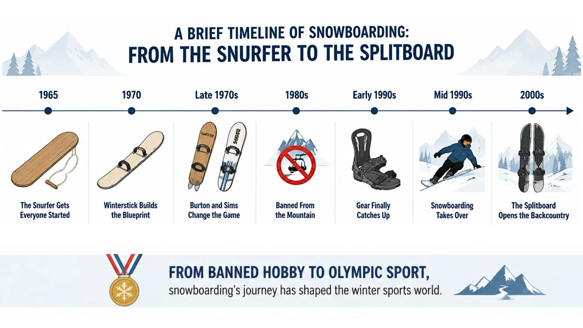 A visual timeline of snowboarding history from 1965 to the 2000s, tracing key milestones from the Snurfer to the splitboard, with illustrated boards and gear for each era