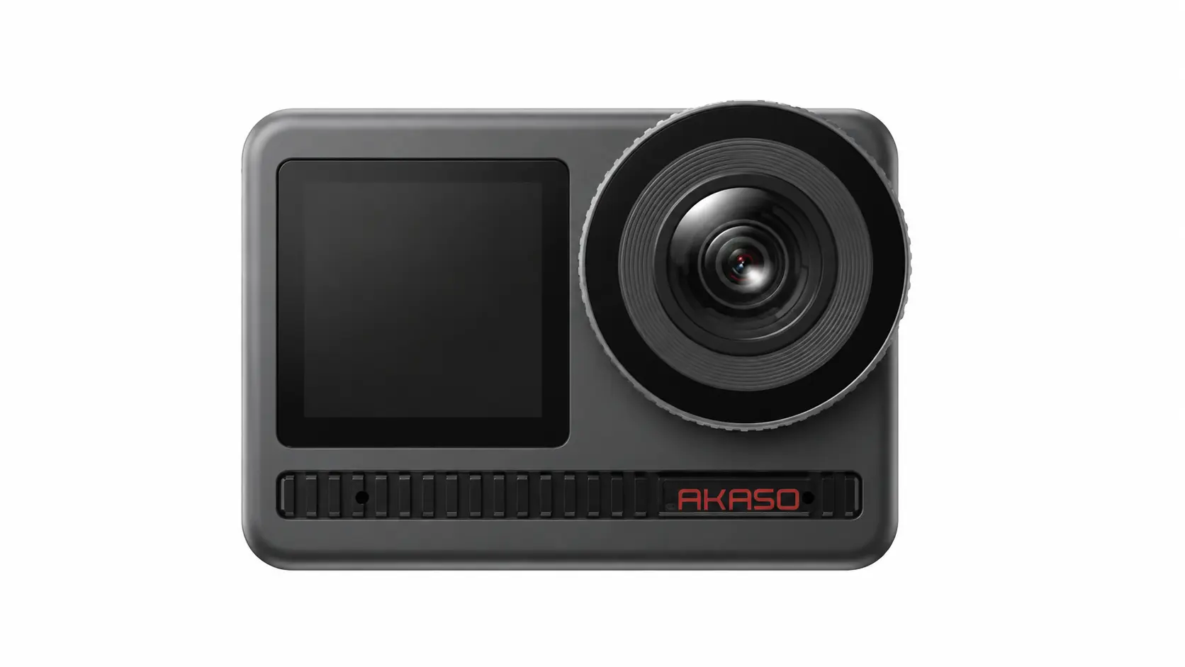 Front view of gray AKASO action camera with wide-angle lens and display screen on white background