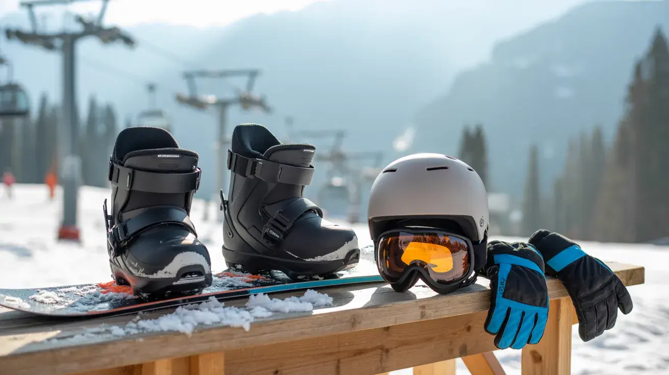 Beginner snowboarding gear including boots, helmet, goggles, and gloves placed on a bench