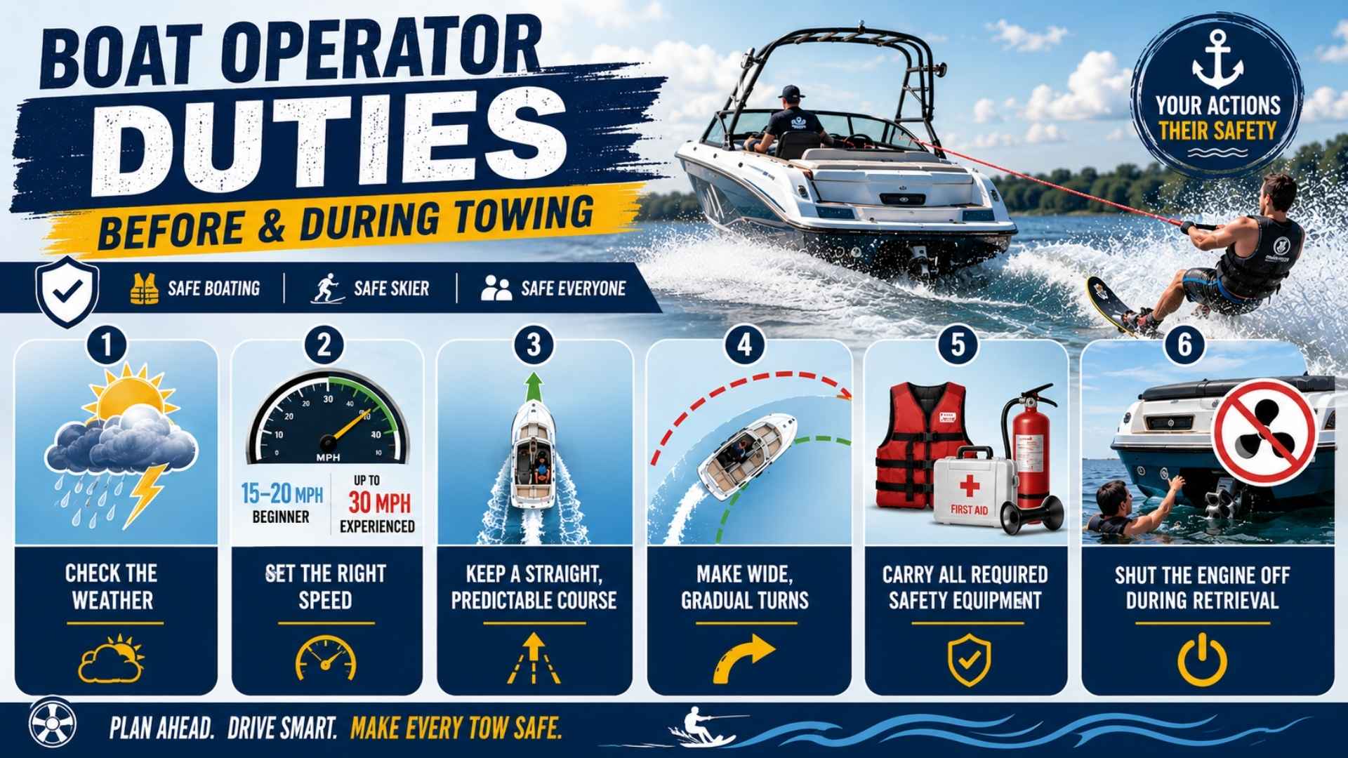 Boat towing safety infographic showing six key operator duties for safer water skiing.