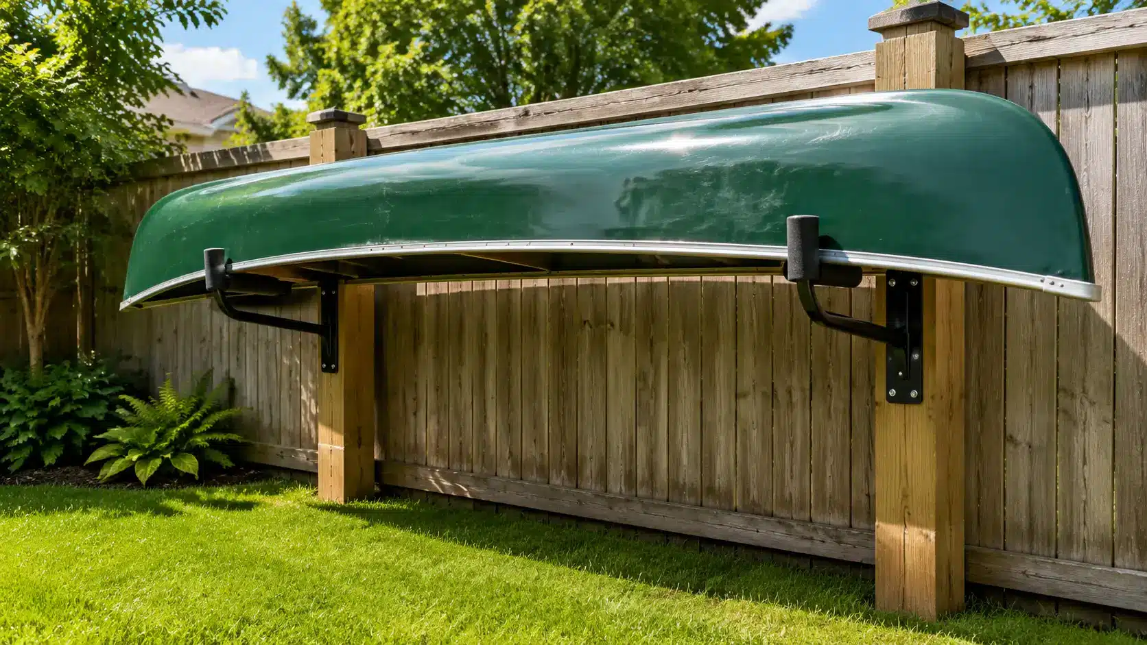 Canoe hanging on foam-padded J-hooks mounted on fence posts