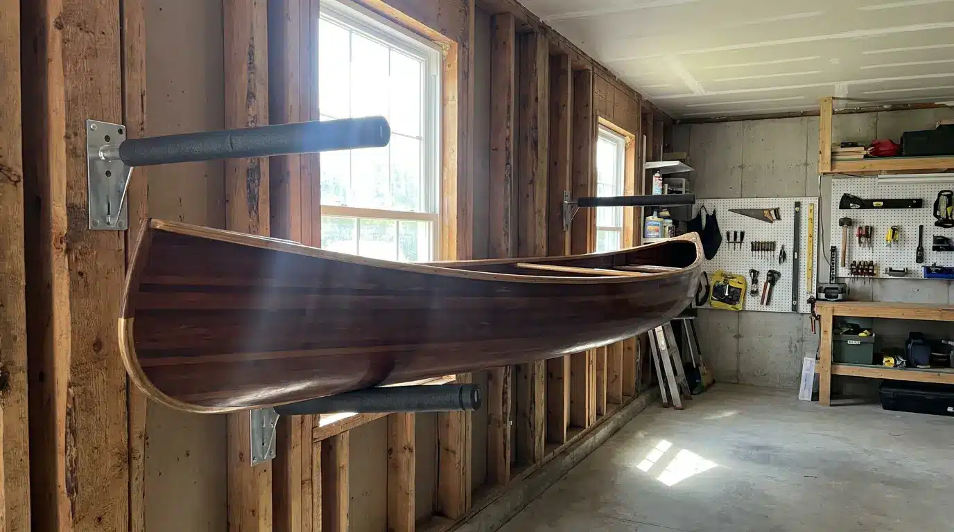 Canoe horizontally mounted on foam-padded wall brackets in garage