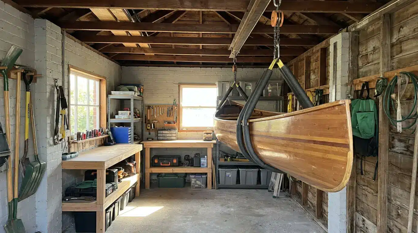Canoe lifted to ceiling with pulley hoist in small garage