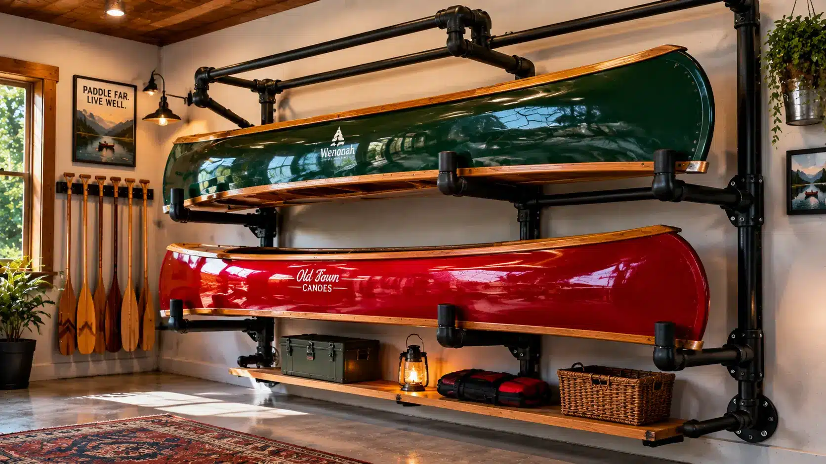 Canoe stored on black iron pipe rack indoors