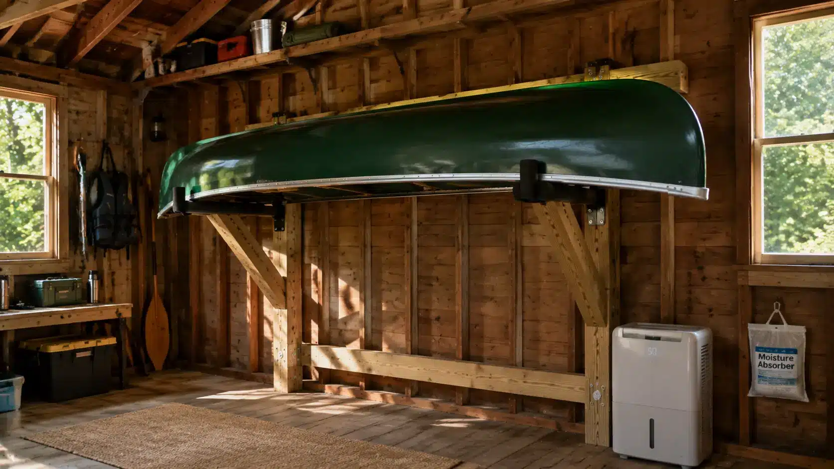 Canoe stored on rack inside wooden shed