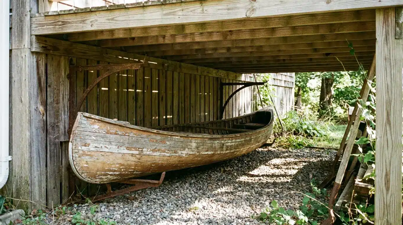 Canoe stored under deck with brackets on gravel base