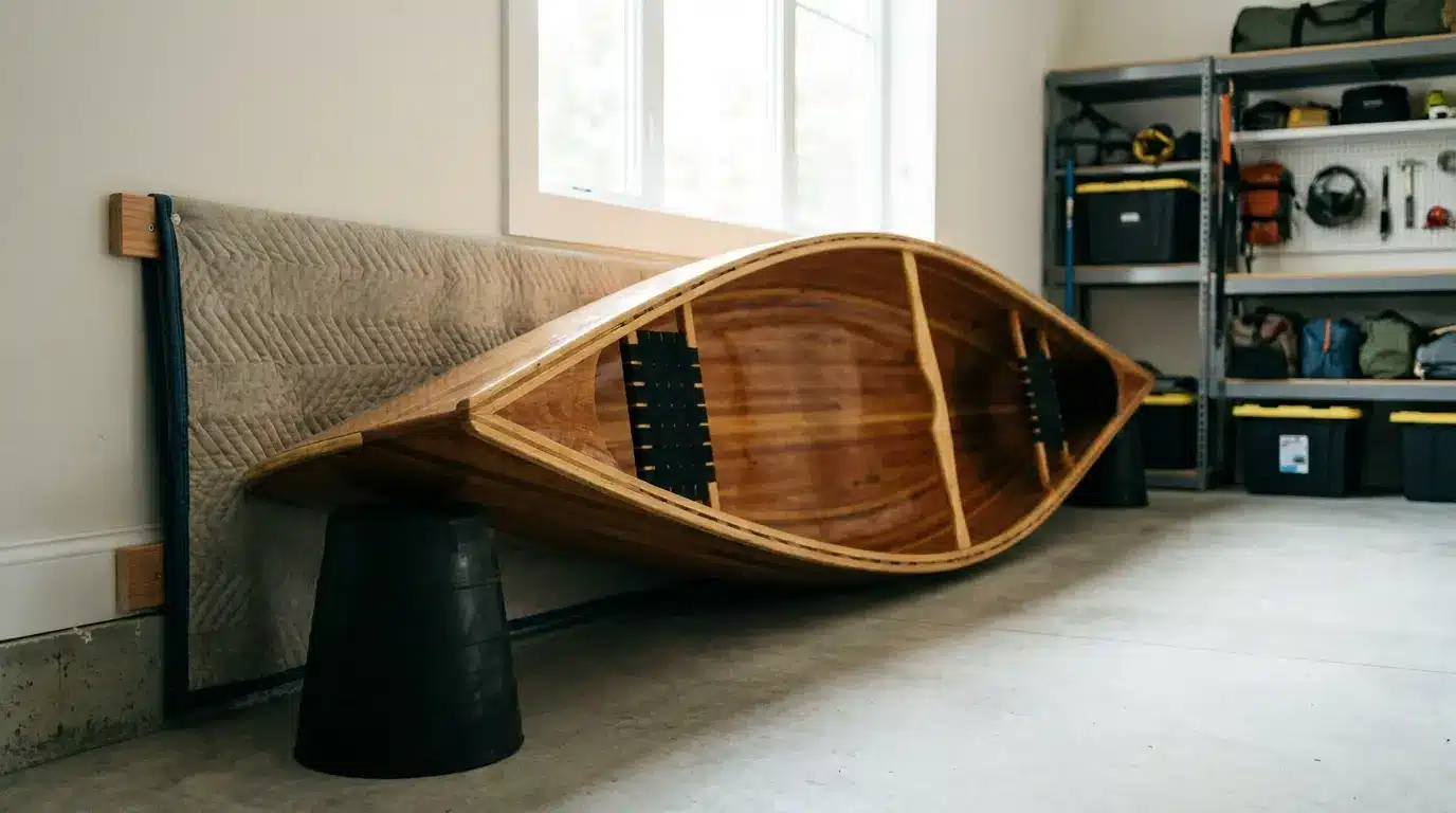 Canoe stored upright against padded wall in garage