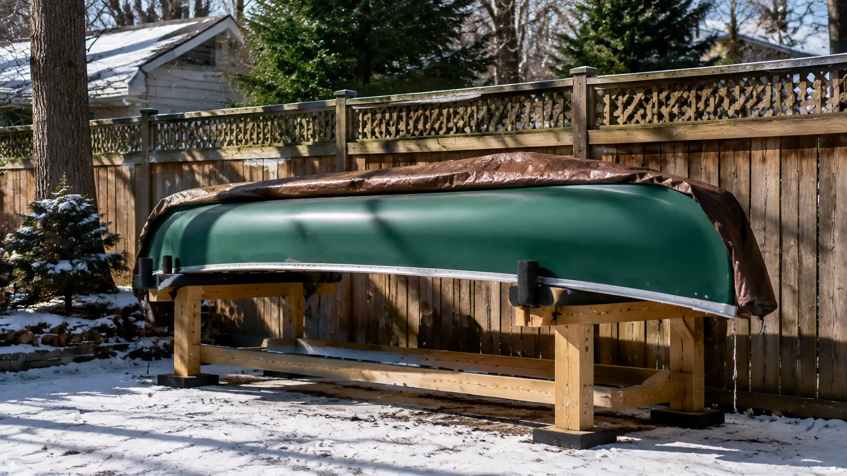 Canoe stored upside down on raised rack outdoors with tarp covering