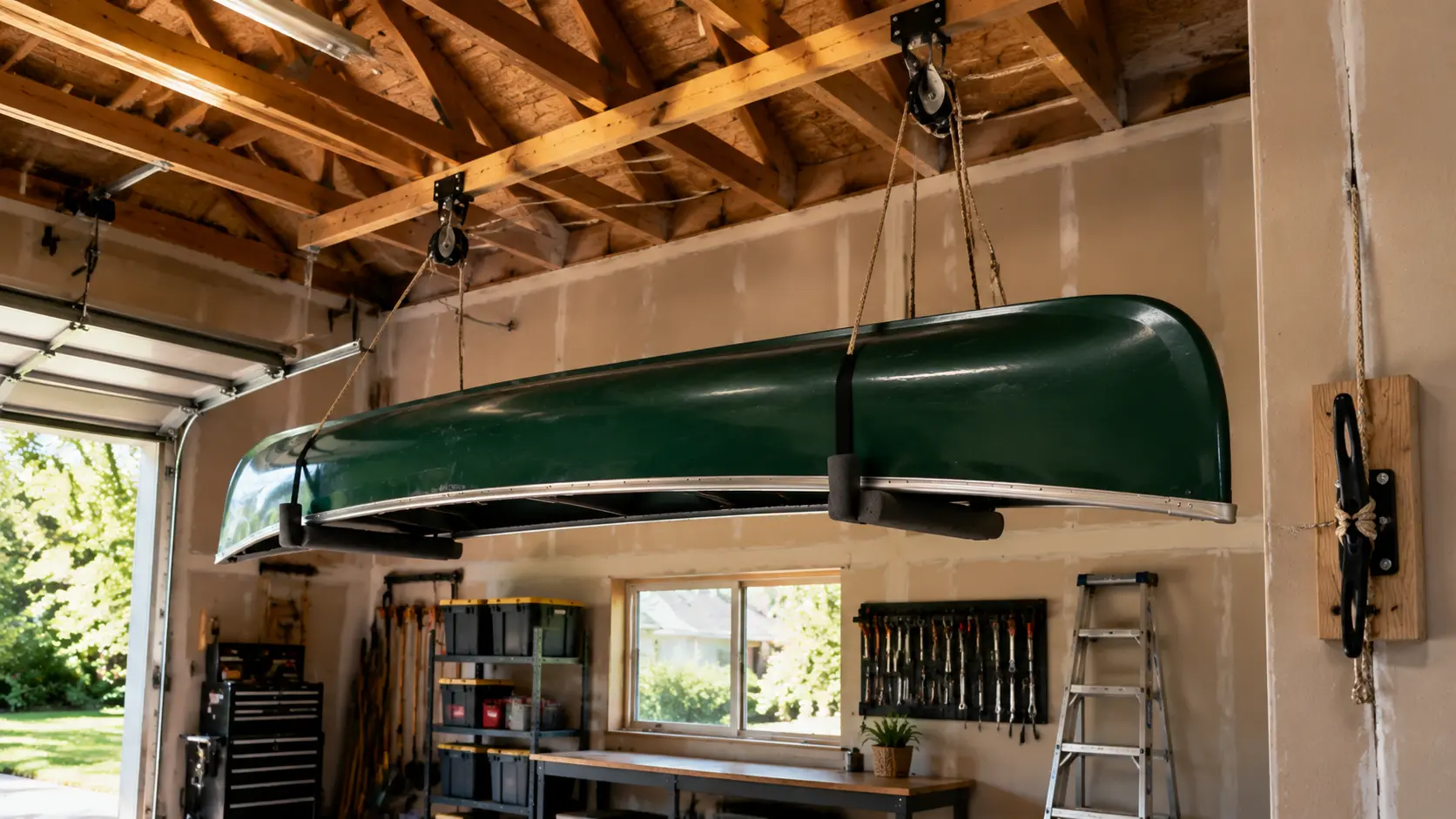 Canoe suspended by two-pulley lift system in high-ceiling garage