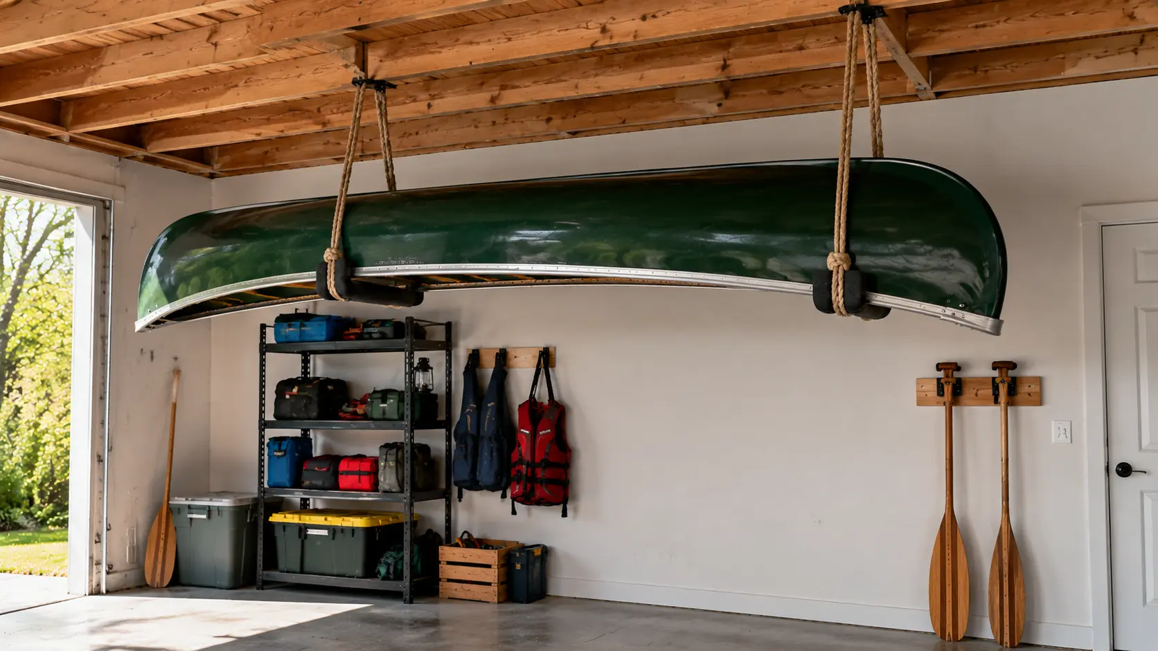 Canoe suspended in rope sling from ceiling with padded contact points