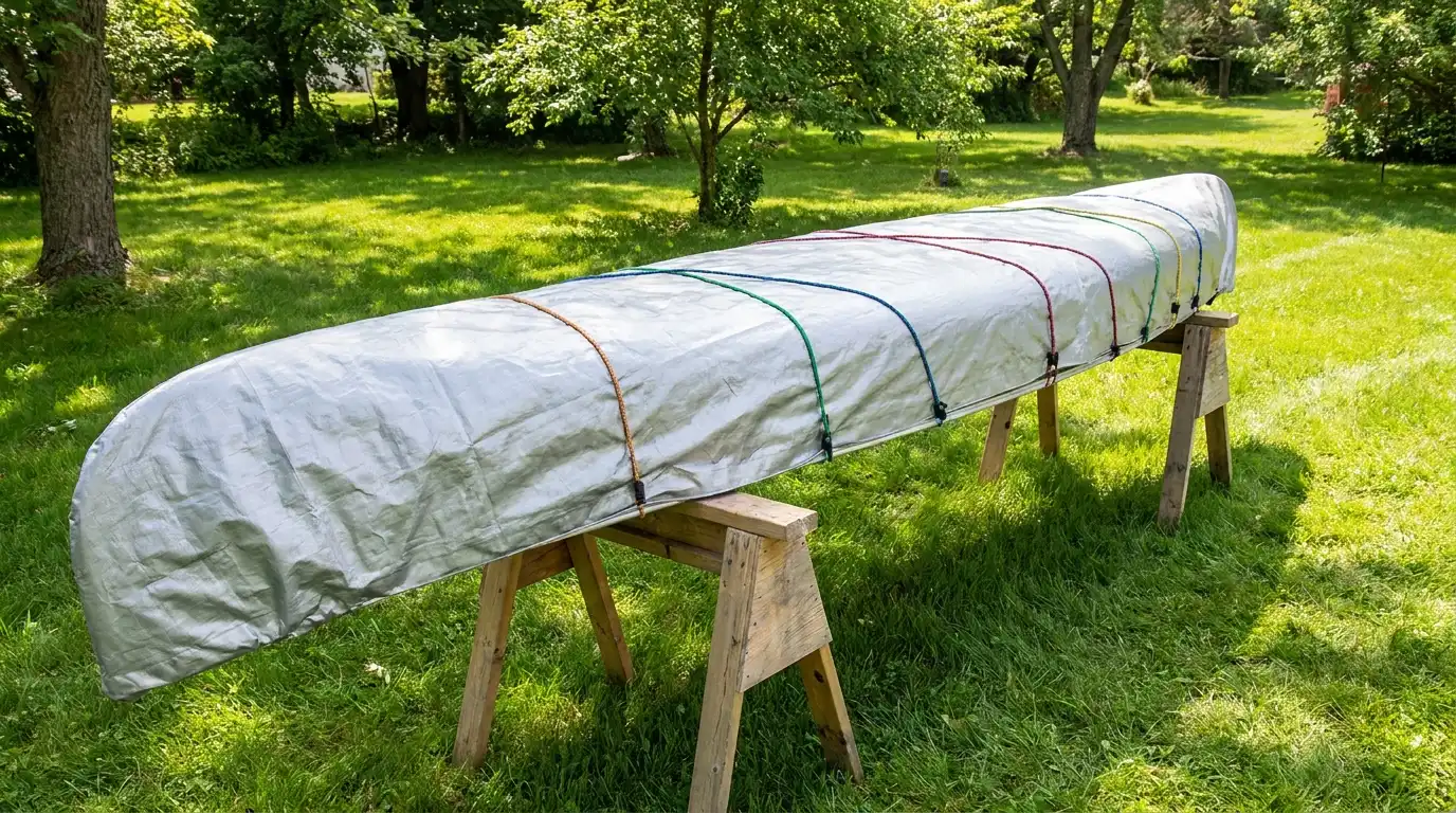Canoe under tarp cover outdoors on sawhorses