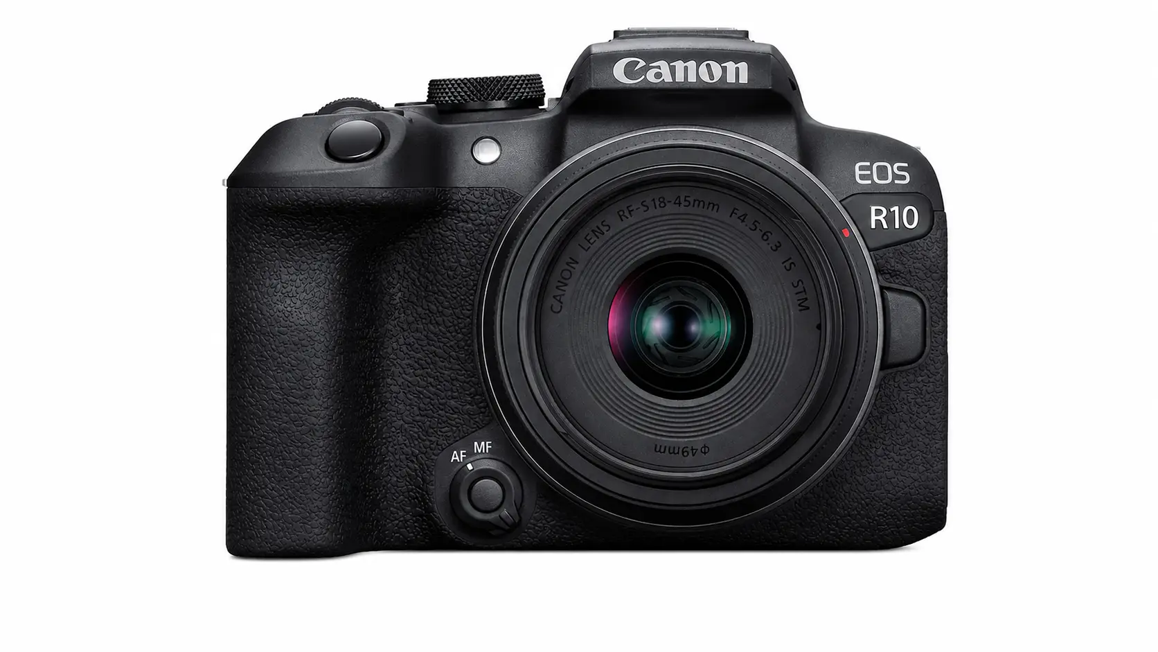 Front-facing Canon EOS R10 camera with RF-S18-45mm lens on a white background, centered and isolated.