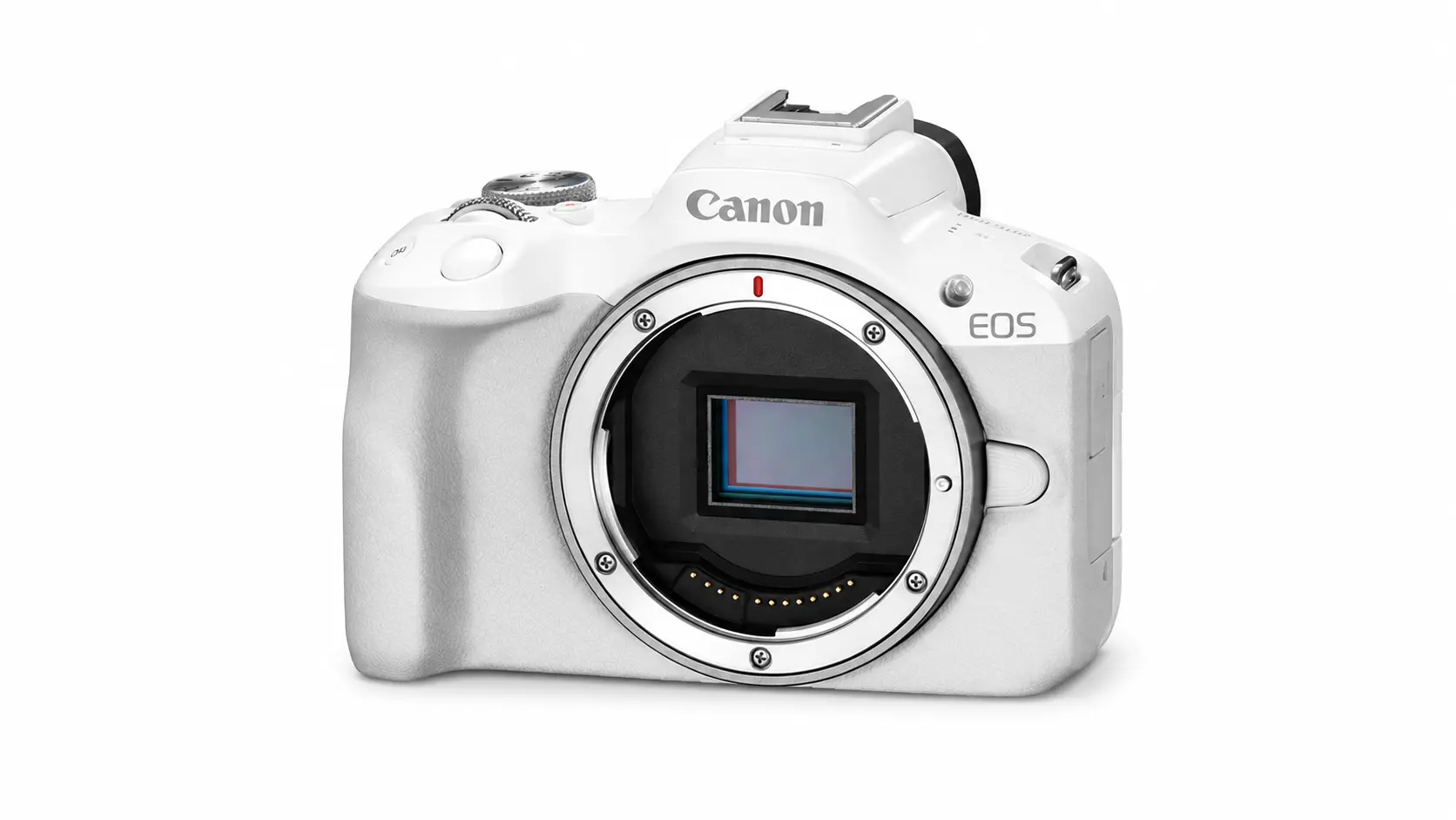 Front view of white Canon EOS mirrorless camera body with visible sensor and textured grip on a clean white background