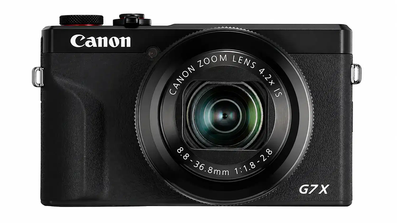 Front-facing Canon G7X compact camera with zoom lens on a white background, isolated and centered.