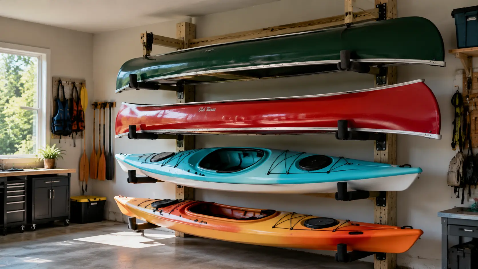 Combo rack holding multiple kayaks and canoes indoors