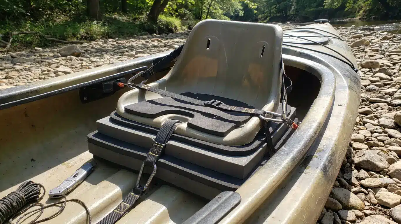 Custom DIY kayak seat setup with foam and straps