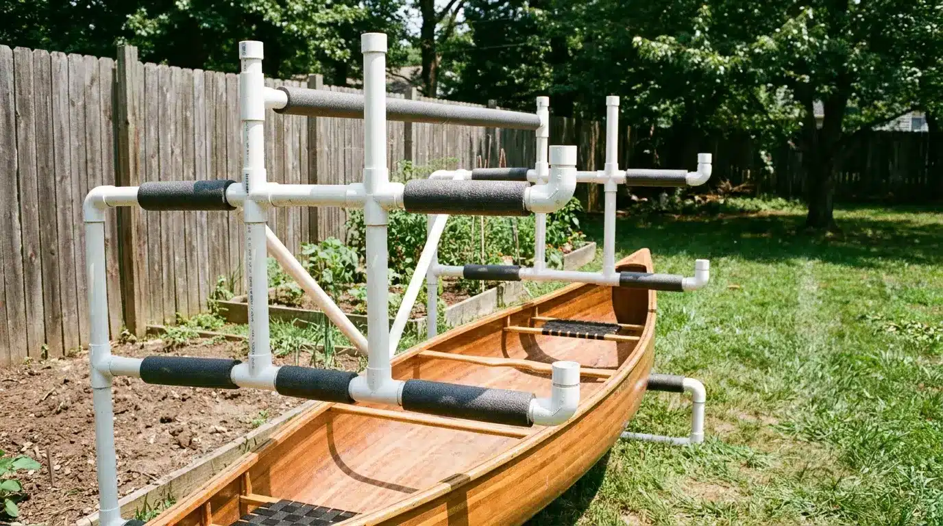 DIY PVC pipe rack supporting a canoe outdoors