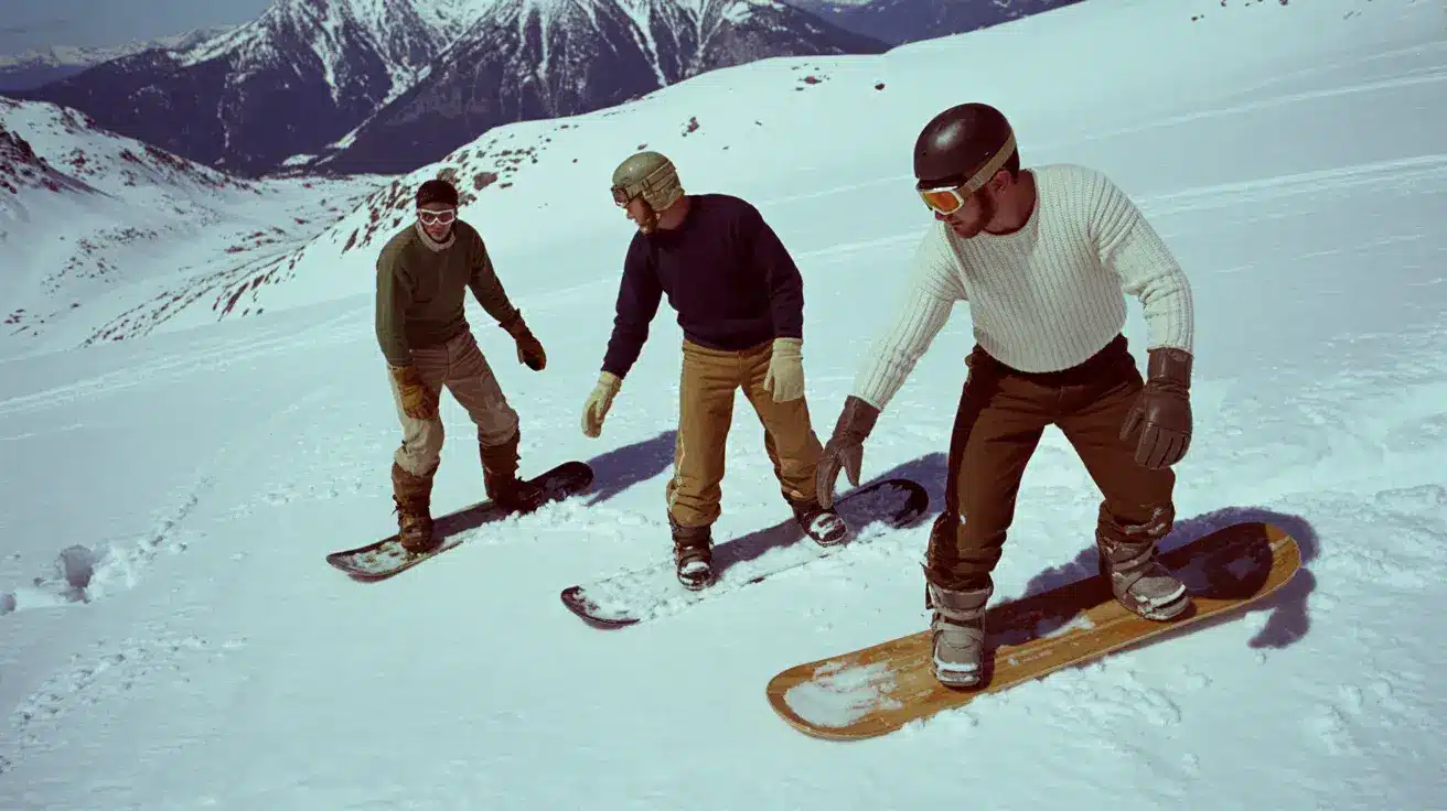Early snowboarding pioneers testing their boards on a snow-covered mountain slope, wearing retro gear from the 1960s