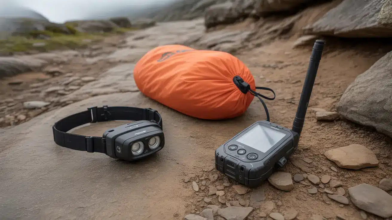 Emergency hiking gear placed on trail including headlamp and communicator