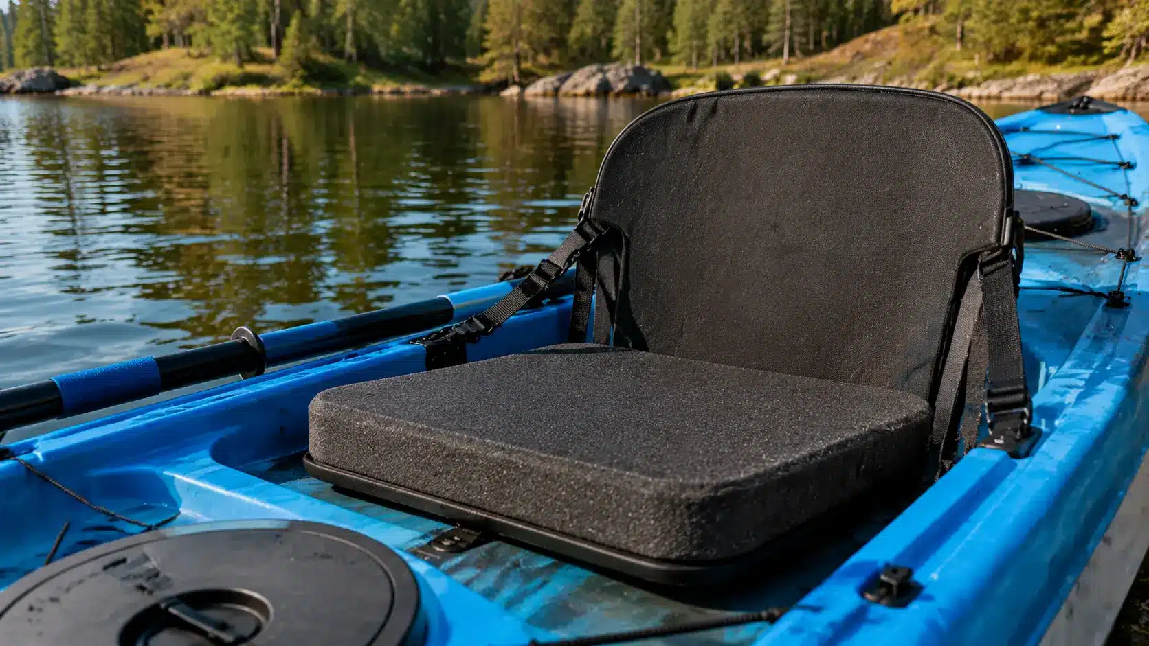 Foam padded kayak seat cushion inside a recreational kayak