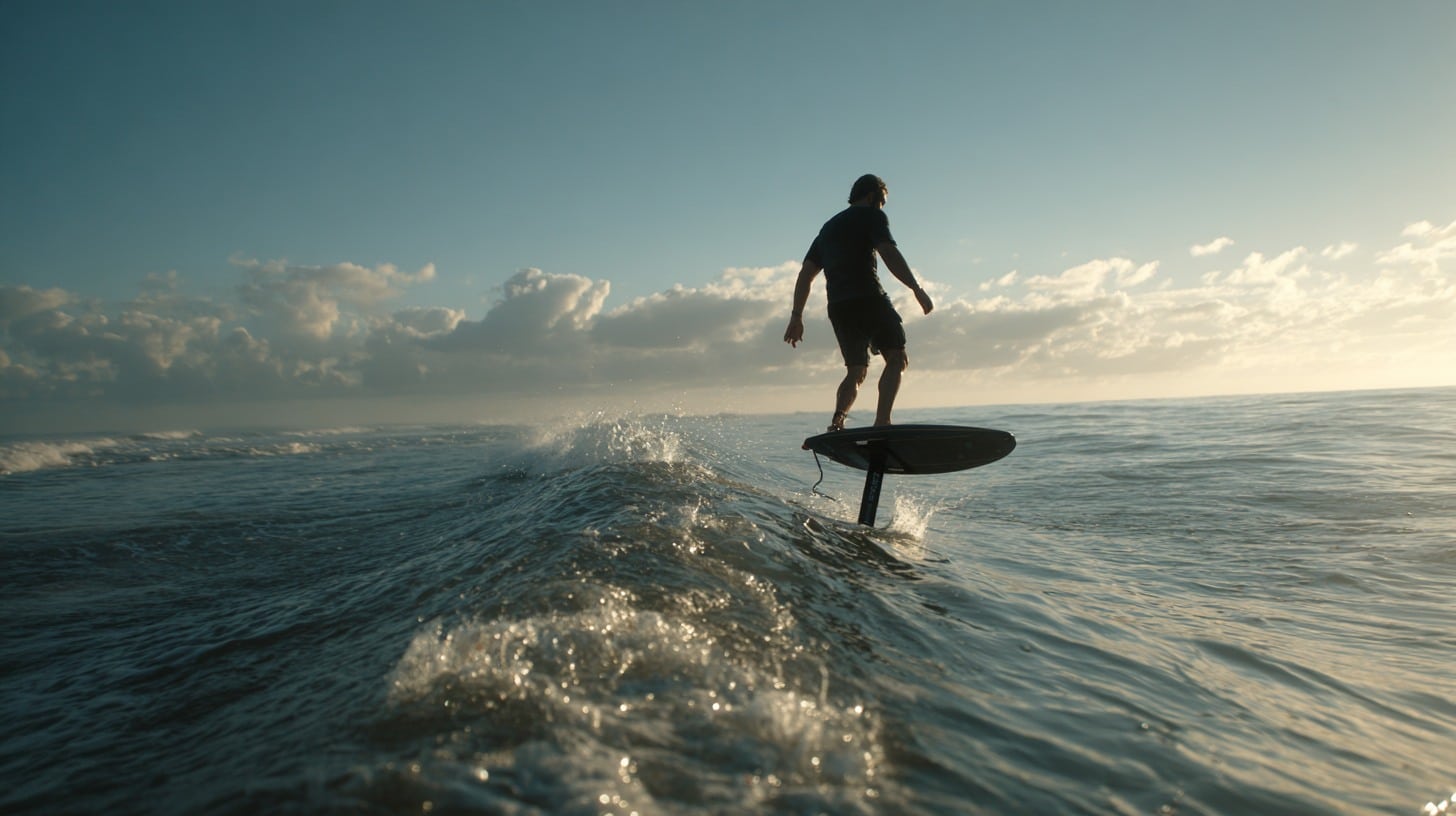 Foil surfer riding above water on hydrofoil board