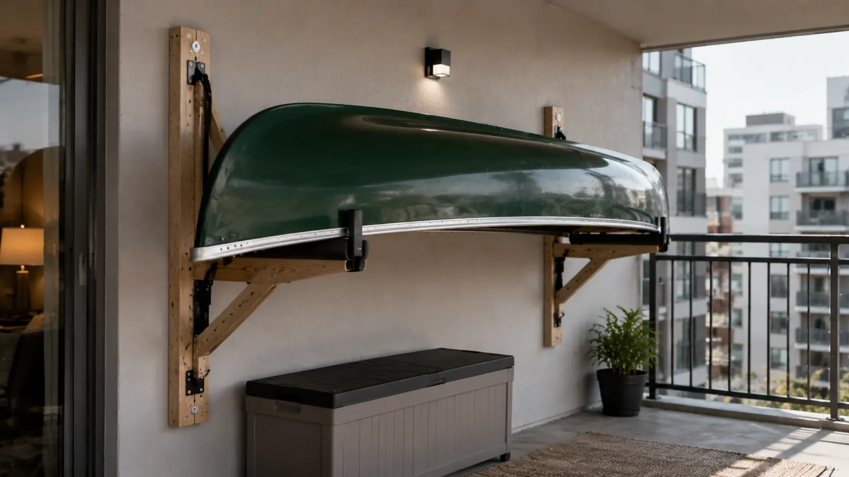 Folding wall-mounted canoe rack holding canoe on apartment balcony