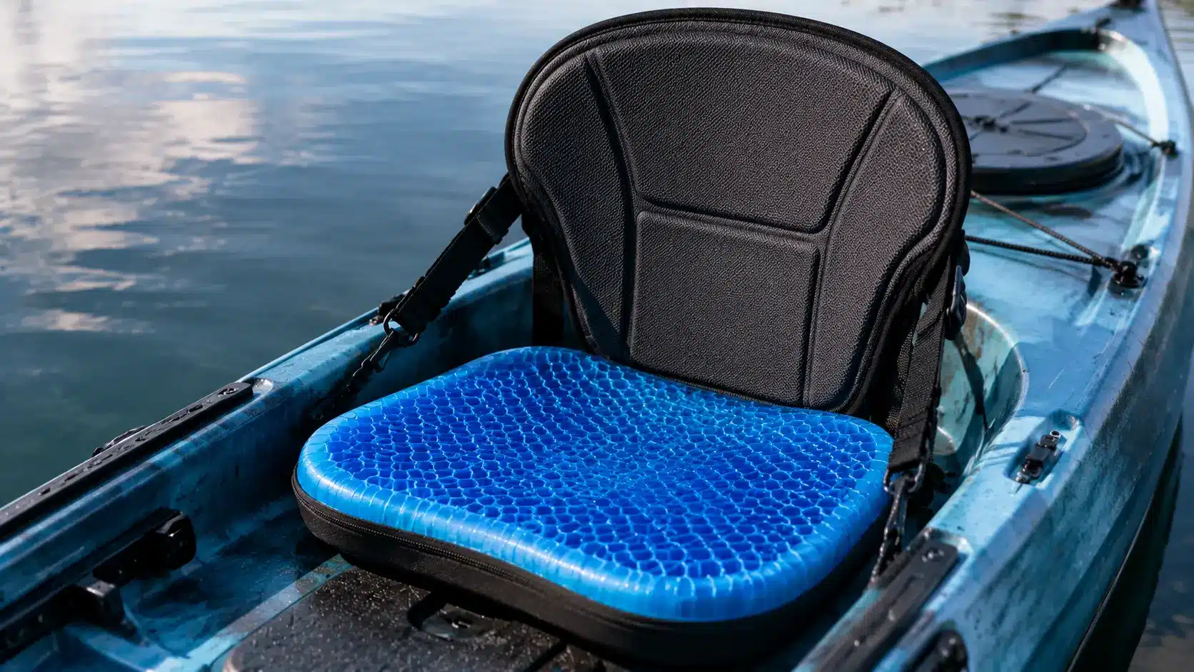 Gel seat pad installed on a kayak seat