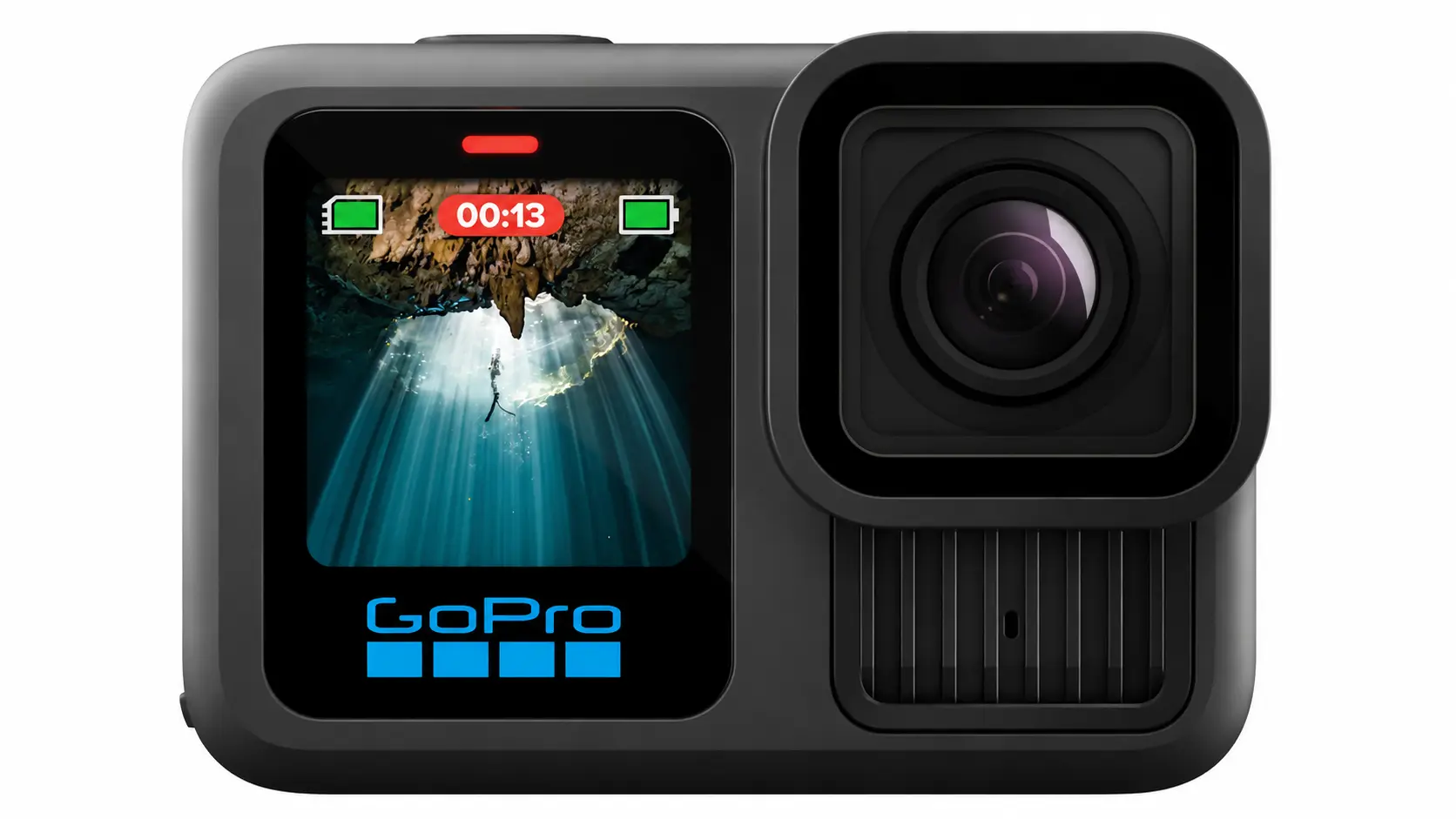 Front-facing GoPro action camera on a white background showing LCD screen with underwater scene and wide-angle lens.