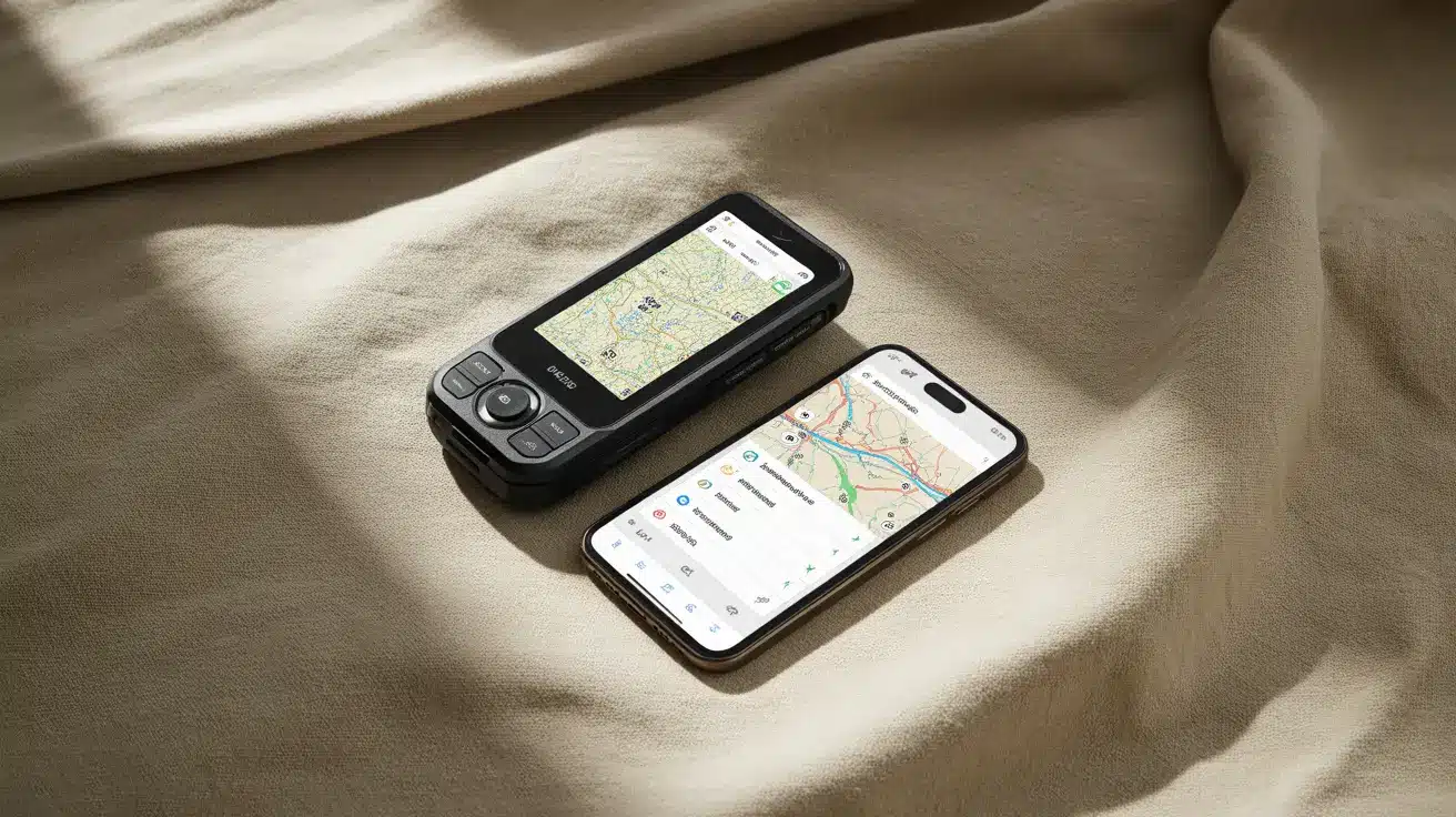 GPS device and smartphone showing maps in clean studio setup