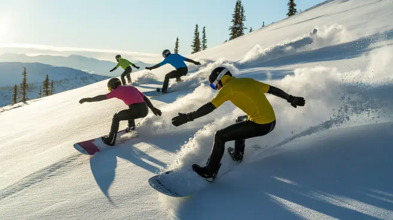 Group of snowboarders carving through fresh powder on a sunny mountain slope