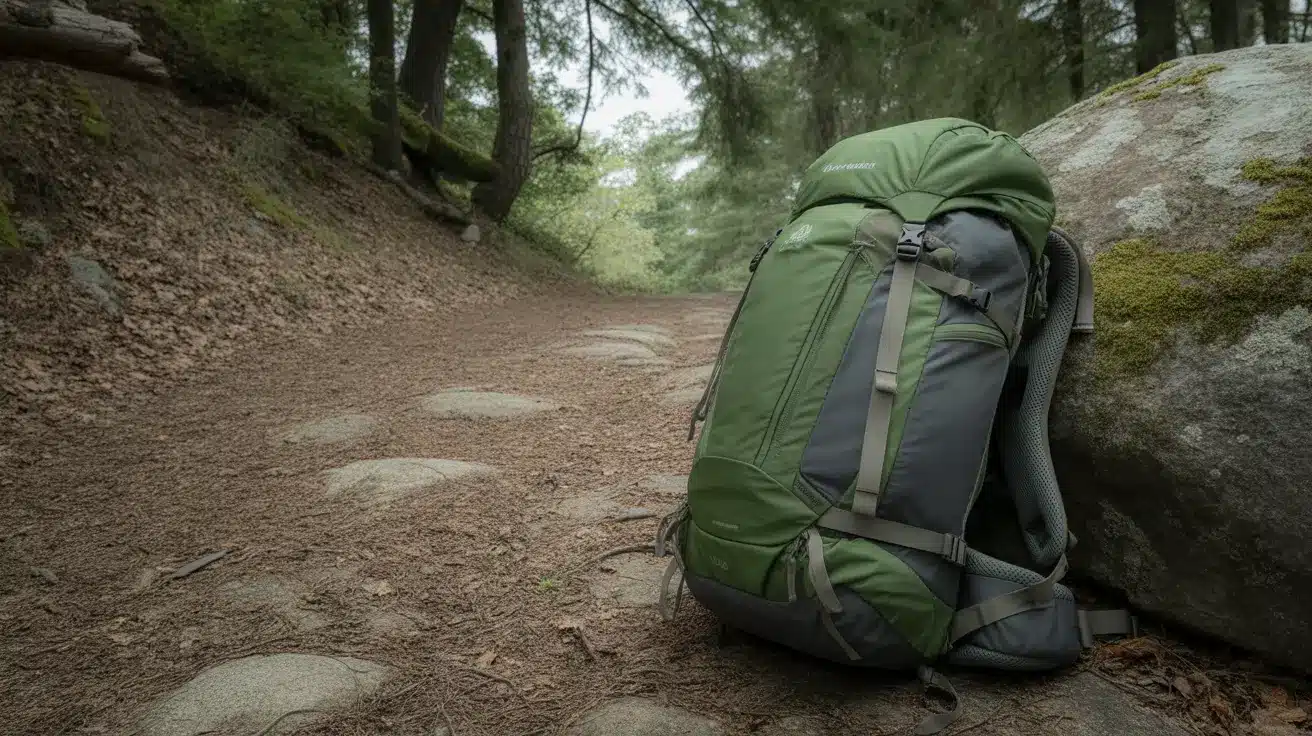 Hiking backpack placed on trail showing fit and structure clearly
