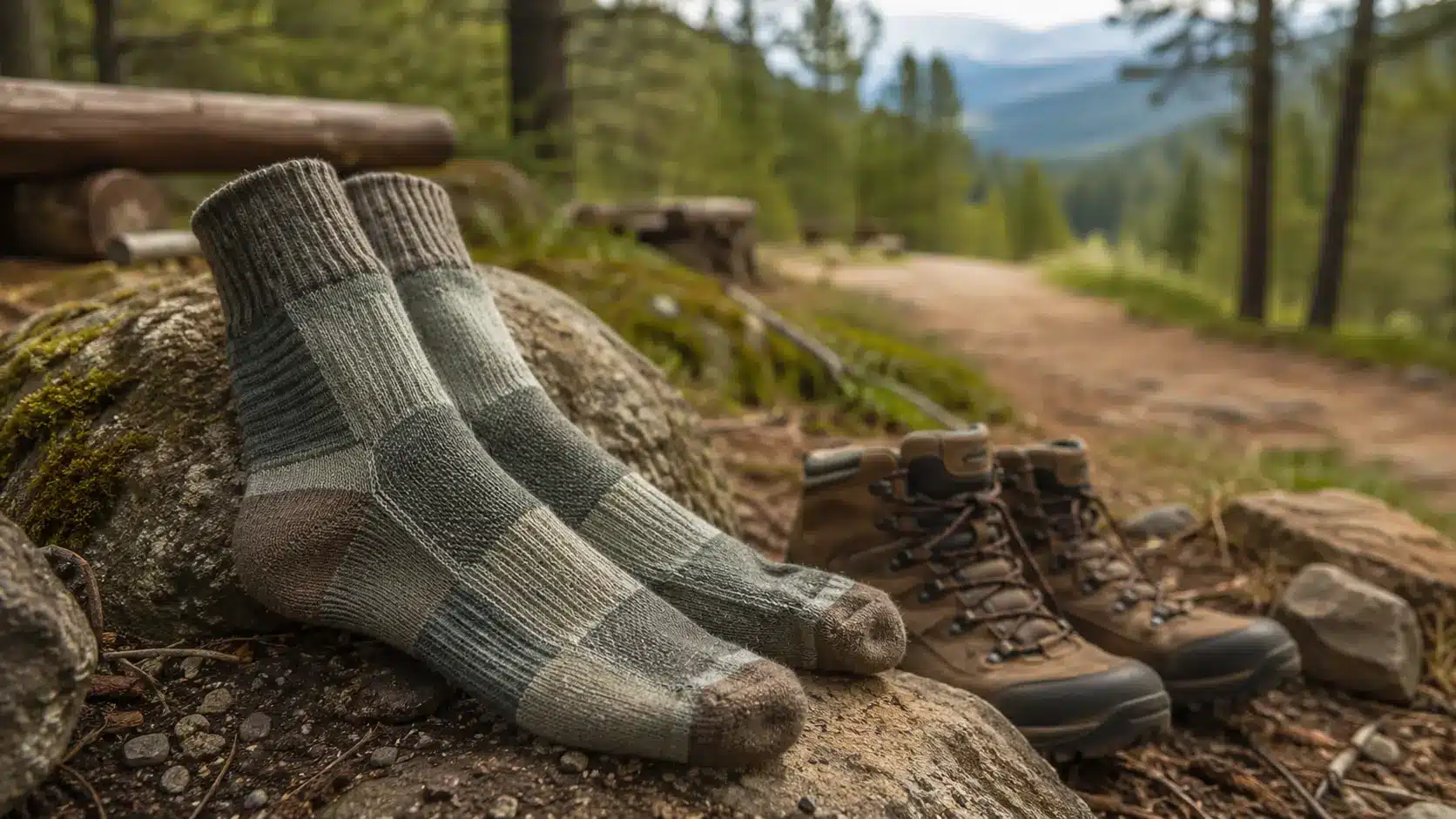Hiking essentials on a forest trail