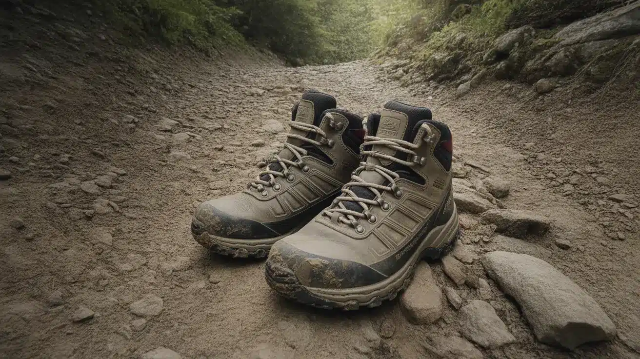 Hiking shoes and boots placed on rocky trail terrain