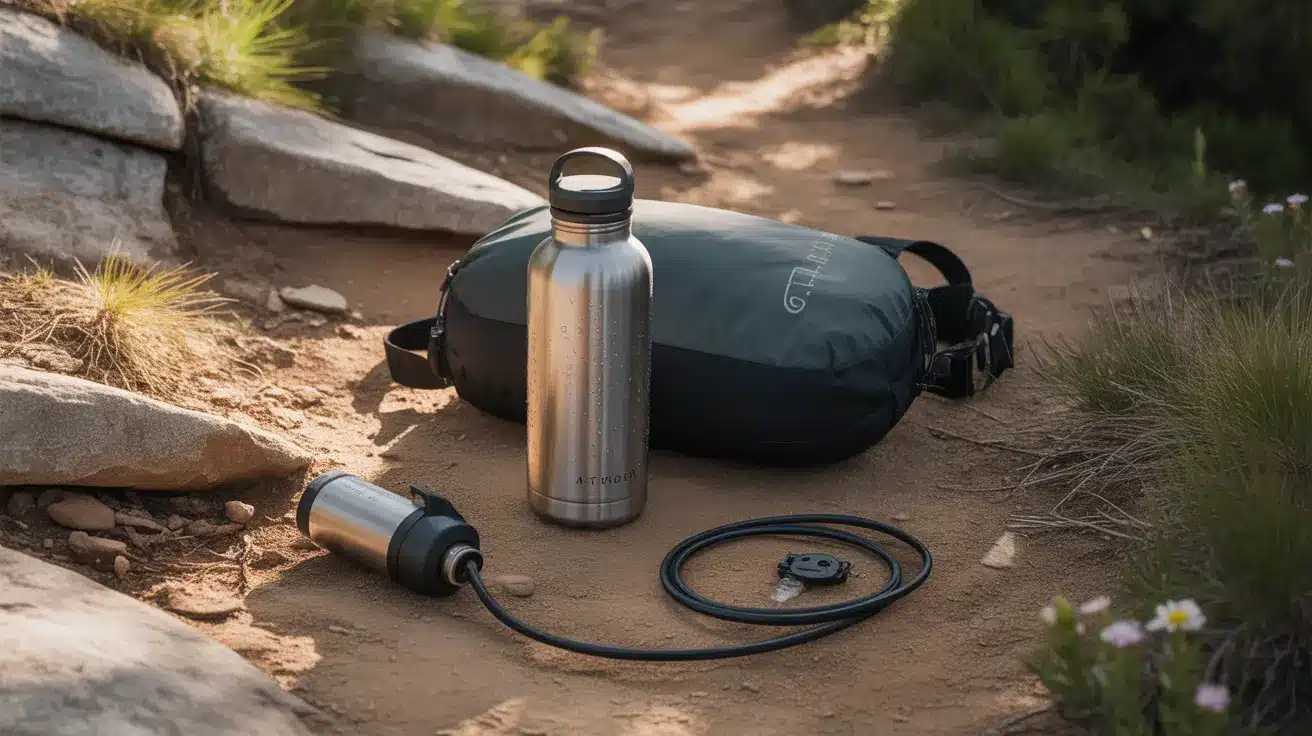 Hydration gear placed on hiking trail showing water bottles and filter
