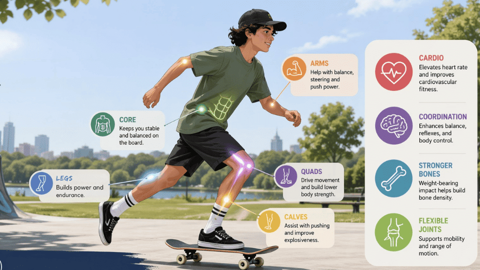 Illustration of a person skateboarding with highlighted muscles, heart, and joints showing full-body fitness benefits