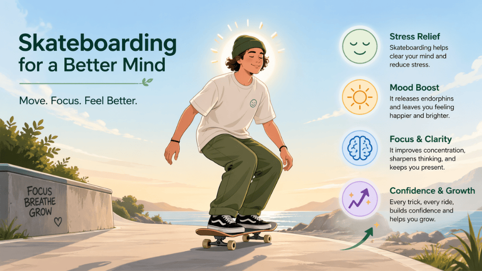 Illustration of a skateboarder with calm and happy expression, icons showing focus, mood, and confidence