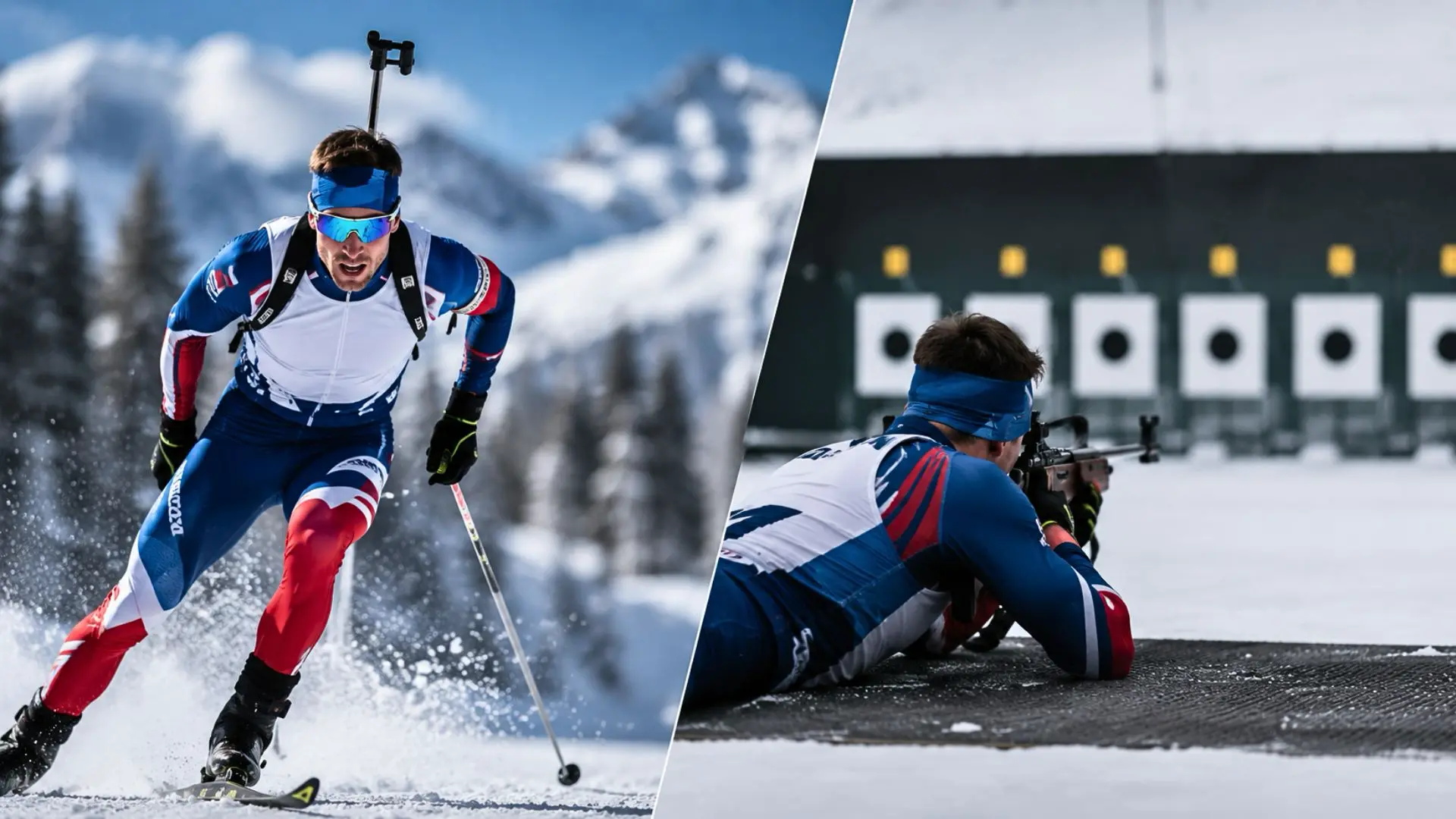 Illustration of biathlon athletes skiing and shooting during a snowy winter competition with mountain scenery