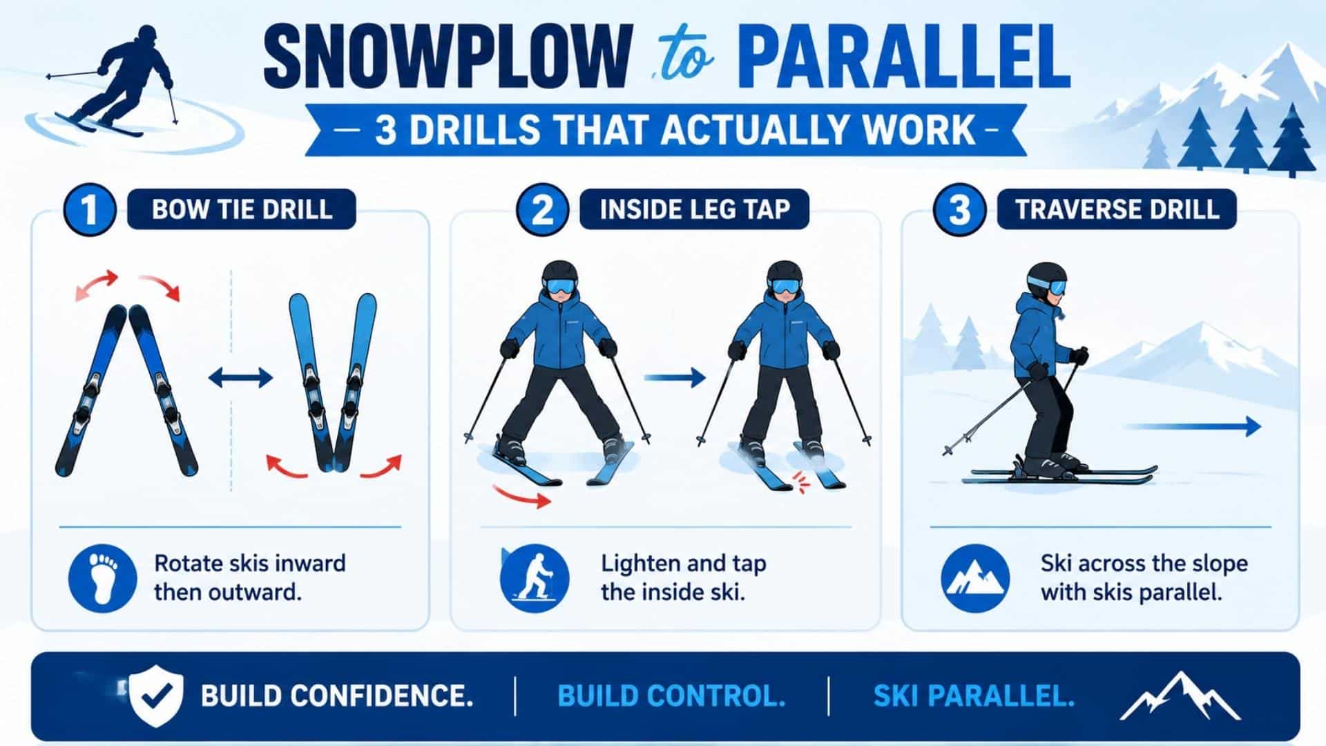 Infographic showing 3 ski drills to move from snowplow to parallel skiing with simple visual steps.