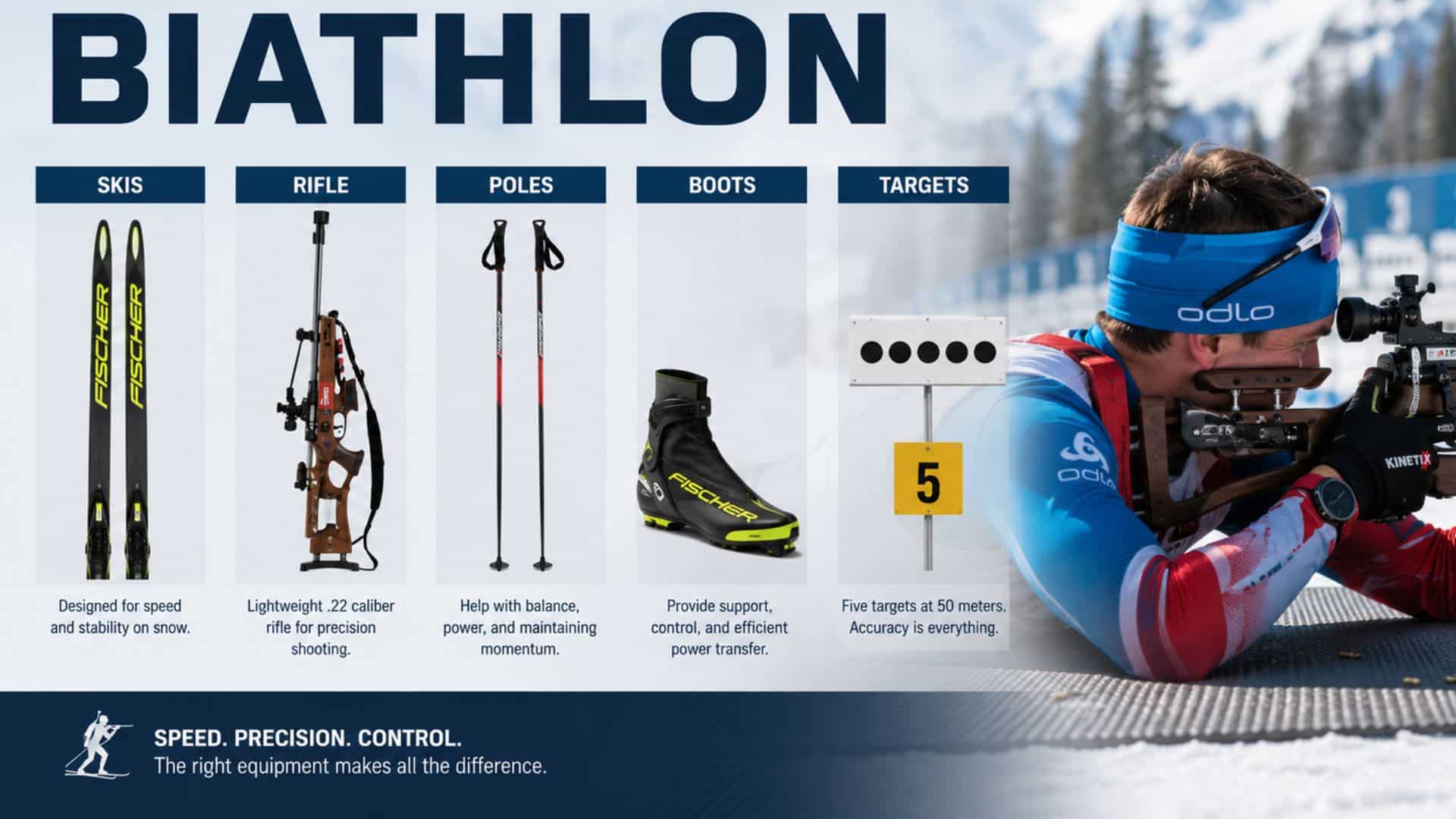 Infographic showing biathlon equipment including skis, rifle, poles, boots, and targets beside an athlete
